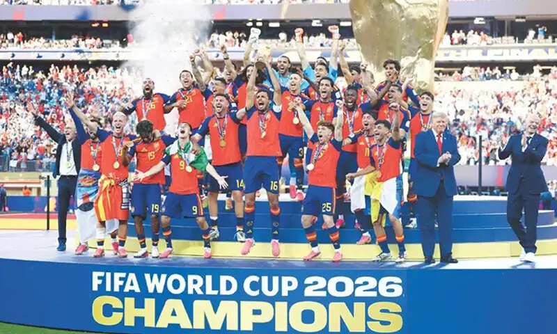 Spain’s captain Rodri lifts the World Cup trophy alongside teammates as they celebrate the win over Argentina in the final | AFP Spain’s captain Rodri lifts the World Cup trophy alongside teammates as they celebrate the win over Argentina in the final | AFP