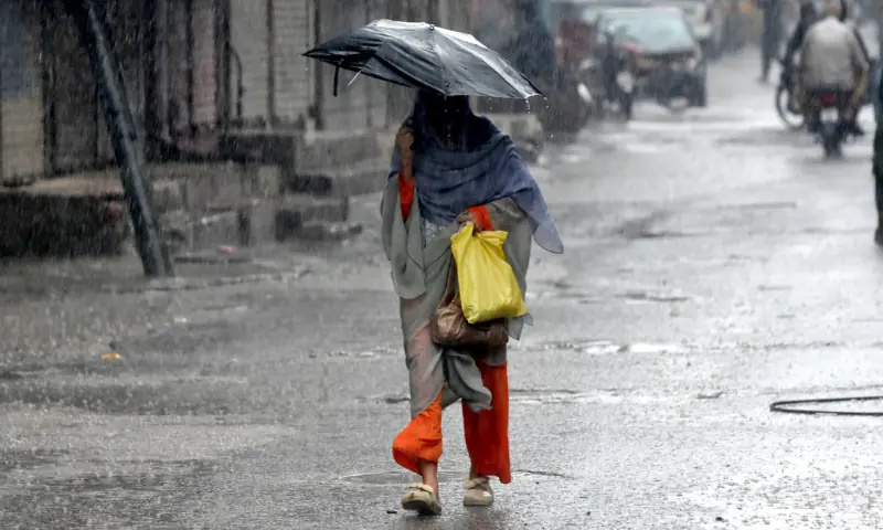 A woman under the cover of an umbrella makes her way through heavy rain in Lahore on July 25, 2026. &mdash; APP