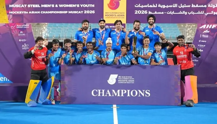 Team India celebrate with the winning trophy and medals after defeating Pakistan in the final of the Youth Hockey5s Asian Championship in Muscat on July 25, 2026. — Asian Hockey Federation/X Team India celebrate with the winning trophy and medals after defeating Pakistan in the final of the Youth Hockey5s Asian Championship in Muscat on July 25, 2026. — Asian Hockey Federation/X