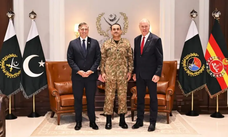 Chief of Defence Forces and Chief of Army Staff Field Marshal Syed Asim Munir meets with visiting members of the United States House of Representatives, Ryan Keith Zinke and Michael James, at General Headquarters in Rawalpindi on July 27. &mdash; photo courtesy: ISPR