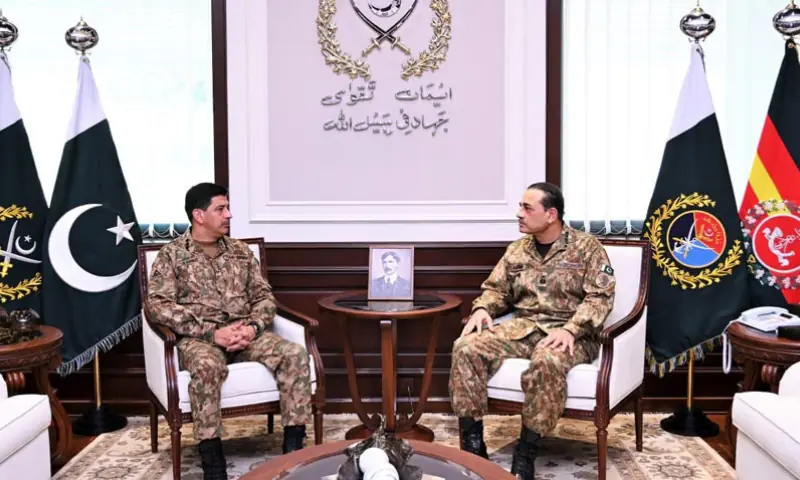 General Syed Aamer Raza meets with Chief of Defence Forces and Chief of the Army Staff Field Marshal Asim Munir at General Headquarters (GHQ), Rawalpindi on July 27. &mdash; RadioPakistan/X