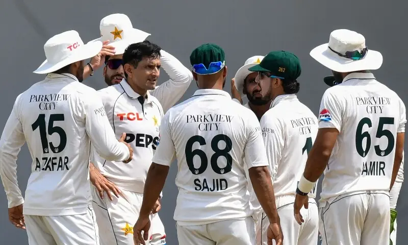 Mohammad Abbas (2L) of Pakistan celebrates the dismissal of Brandon King of West Indies during the third day of the first Test cricket match between West Indies and Pakistan at the Brian Lara Cricket Academy in Tarouba, Trinidad and Tobago, on July 27, 2026. &mdash; AFP