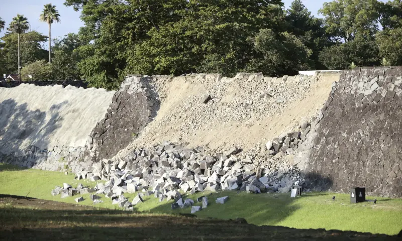 A collapsed part of Kumamoto Castle’s stone walls after an earthquake with a preliminary magnitude of 7.1 struck Japan’s southern Kumamoto prefecture, in Kumamoto, Japan on July 28, 2026. — via Reuters