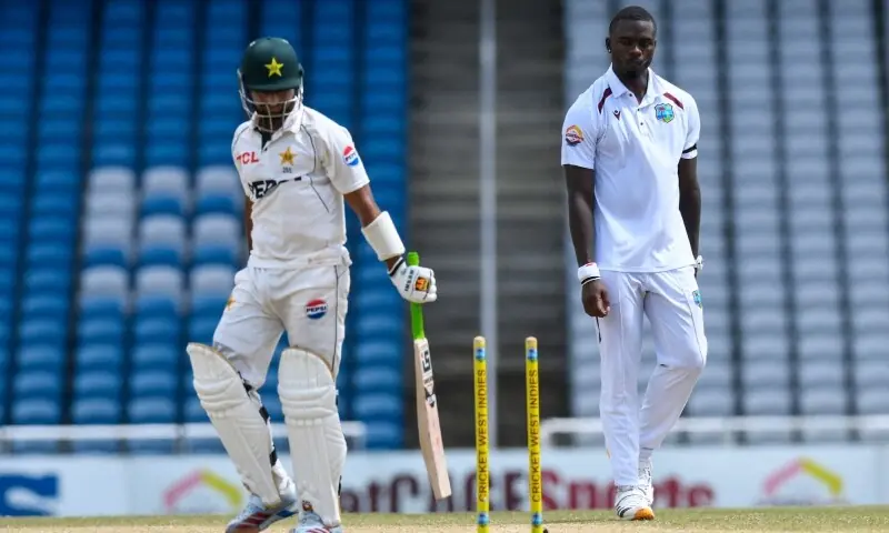 Khurram Shahzad of Pakistan is bowled by Jayden Seales of West Indies during the fourth day of the first Test cricket match between West Indies and Pakistan at the Brian Lara Cricket Academy in Tarouba, Trinidad and Tobago, on July 28, 2026. &mdash; AFP