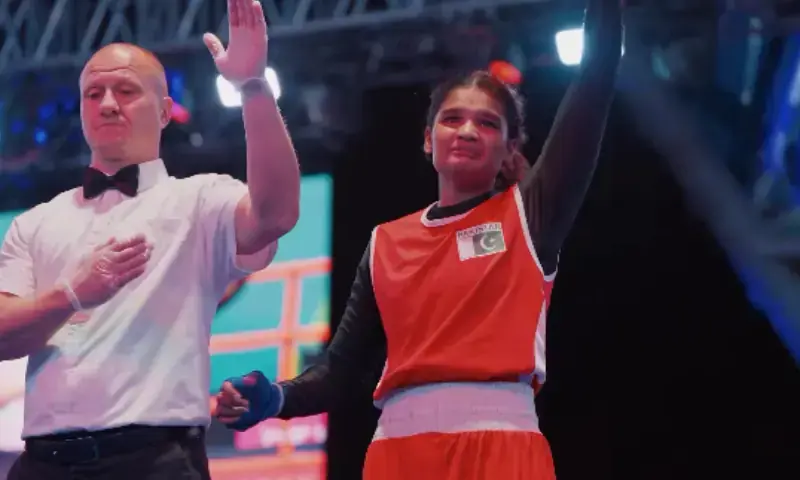 Boxer Fatima Zahra reacts after winning the Women's 60kg quarterfinal at the 6th Islamic Solidarity Games in Riyadh on November 6, 2025. &mdash; Screengrab via Instagram/issasportofficial/File