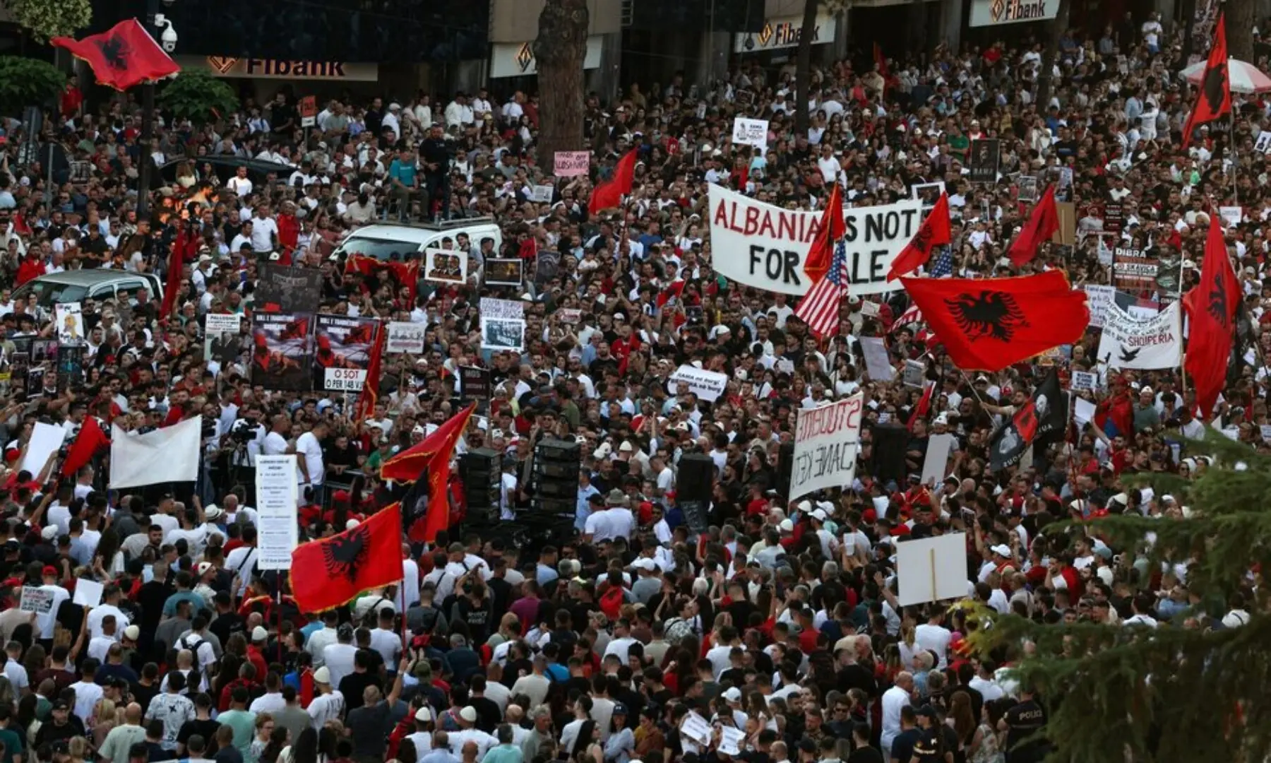 Protesters wave Albanian national flags during a protest against a luxury resort, a plan by a company linked to US President Donald Trump&rsquo;s son-in-law, Jared Kushner, on an environmentally sensitive part of the Adriatic coast, in Tirana, Albania, June 10, 2026. &mdash; Reuters/File