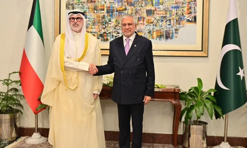 Deputy Prime Minister Ishaq Dar shakes hand with Kuwait's Foreign Minister Sheikh Jarrah Jaber Al-Ahmad Al-Sabah upon his arrival at the Foreign Office on July 29, 2026. &mdash; @ForeignOfficePk/X
