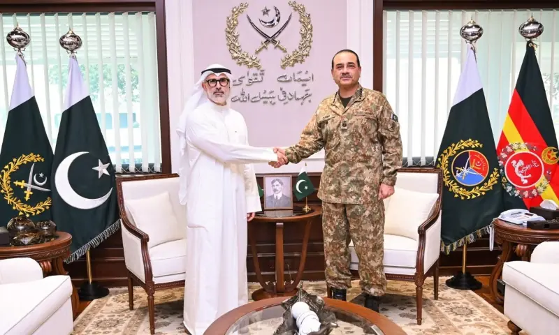 Chief of Defence Forces (CDF) and Chief of the Army Staff Field Marshal Asim Munir shakes hands with Kuwait’s Foreign Minister Sheikh Jarrah Jaber Al-Ahmad Al-Sabah, at General Headquarters in Rawalpindi on July 29. — photo courtesy ISPR/Facebook Chief of Defence Forces (CDF) and Chief of the Army Staff Field Marshal Asim Munir shakes hands with Kuwait’s Foreign Minister Sheikh Jarrah Jaber Al-Ahmad Al-Sabah, at General Headquarters in Rawalpindi on July 29. — photo courtesy ISPR/Facebook