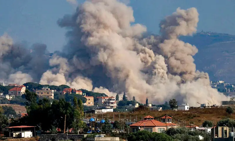 Smoke rises following an explosion in the village of Kfartibnit, southern Lebanon.&mdash;AFP