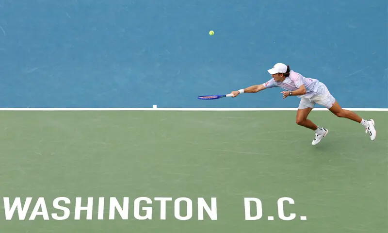 ALEX de Minaur of Australia returns a shot to Greece&rsquo;s Stefanos Tsitsipas during their Washington Open match at the William H.G. FitzGerald Tennis Center.&mdash;AFP