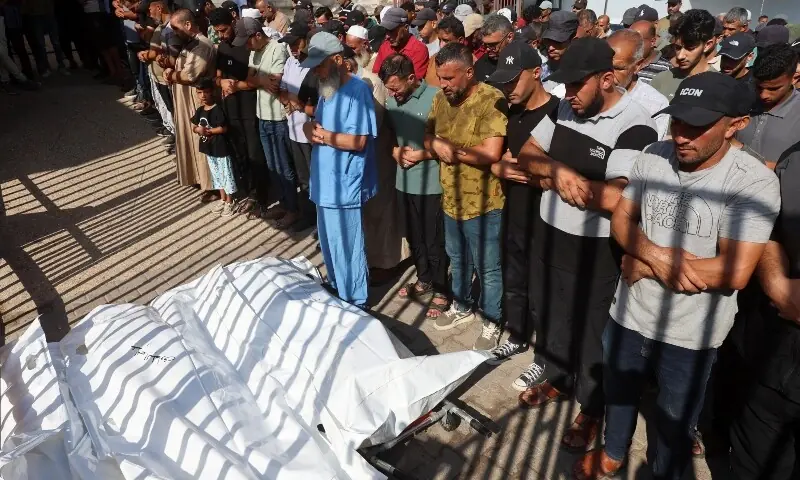 Palestinians pray as they attend the funeral of Palestinians who were killed in Israeli strikes on tents, according to medics, at Nasser Hospital in Khan Younis, in the southern Gaza Strip, July 30, 2026. — Reuters Palestinians pray as they attend the funeral of Palestinians who were killed in Israeli strikes on tents, according to medics, at Nasser Hospital in Khan Younis, in the southern Gaza Strip, July 30, 2026. — Reuters