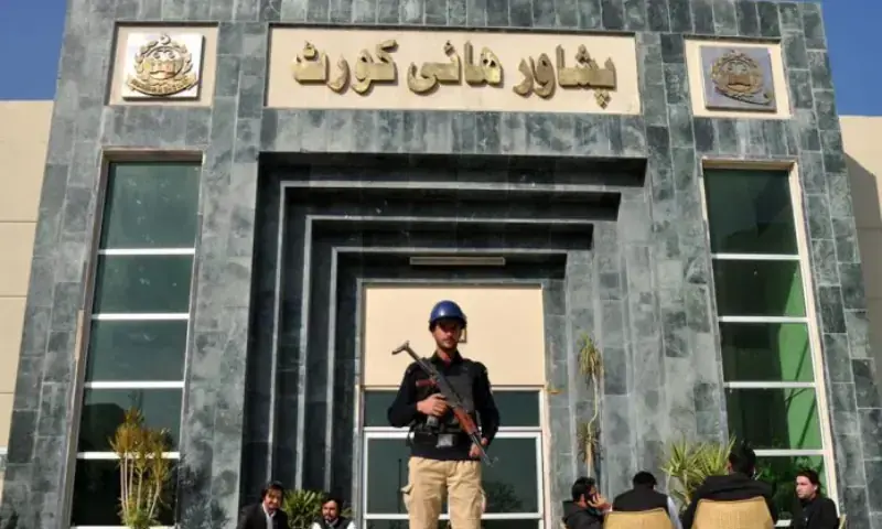 A police official stands guard outside the Peshawar High Court (PHC) in this file photo. — APP/File A police official stands guard outside the Peshawar High Court (PHC) in this file photo. — APP/File