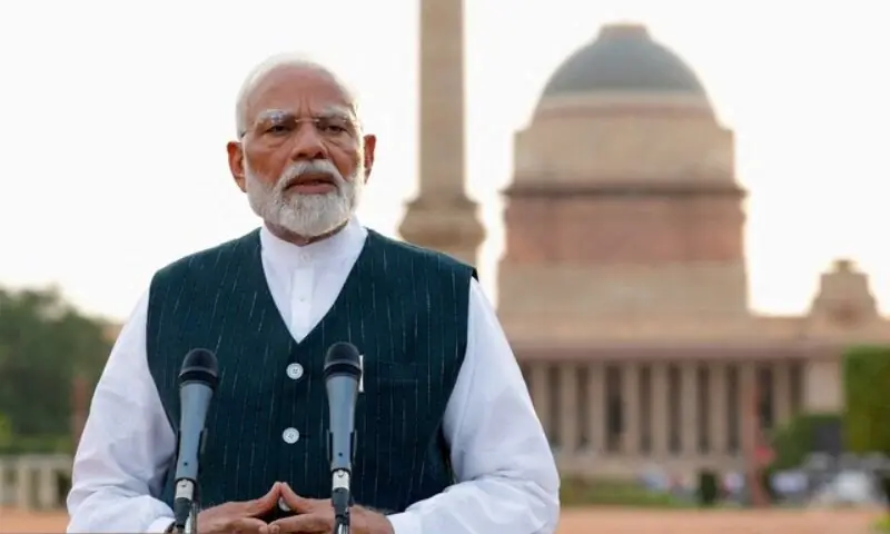 Indian Prime Minister Narendra Modi addresses the media after his meeting with President Droupadi Murmu, to stake claim to form the new government at the Presidential Palace in New Delhi, India, June 7, 2024. &mdash; Reuters