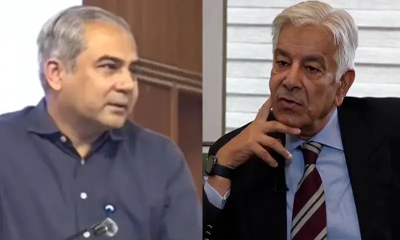 A collage of Interior Minister Mohsin Naqvi and Defence Minister Khawaja Asif. — DawnNewsTV/ BBC Urdu A collage of Interior Minister Mohsin Naqvi and Defence Minister Khawaja Asif. — DawnNewsTV/ BBC Urdu