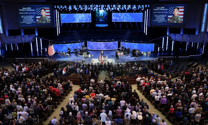 People attend a memorial service for Pvt. Isabella Gonzales, who was killed in an attack on Muwaffaq Salti Air Base in Jordan, in Plano, Texas, US on August 1, 2026. &mdash; Reuters