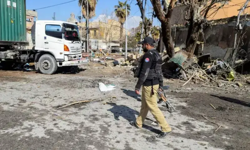 A police officer walks past damage after terrorst attacks, in Quetta, Pakistan, February 1, 2026. — Reuters/File A police officer walks past damage after terrorst attacks, in Quetta, Pakistan, February 1, 2026. — Reuters/File