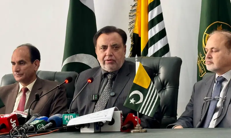 AJK Election Commissioner retd Justice Ghulam Mustafa Mughal addresses the media on Aug 3, 2026. — Photo provided by Tariq Naqash