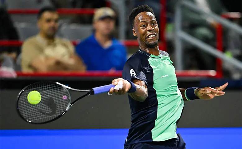 FRANCE’S Gael Monfils in action against Kamil Majchrzak of Poland during their Montreal Masters first-round match at Stade IGA.—AFP FRANCE’S Gael Monfils in action against Kamil Majchrzak of Poland during their Montreal Masters first-round match at Stade IGA.—AFP