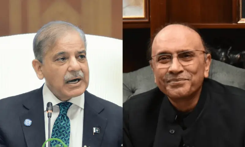 Prime Minister Shehbaz Sharif speaks at the SCO Summit on Oct 16, 2024 (L); President Asif Ali Zardari addresses the 3rd China-Indian Ocean Region Forum via a video message on Dec 16, 2024 (R). — PID photos/File Prime Minister Shehbaz Sharif speaks at the SCO Summit on Oct 16, 2024 (L); President Asif Ali Zardari addresses the 3rd China-Indian Ocean Region Forum via a video message on Dec 16, 2024 (R). — PID photos/File