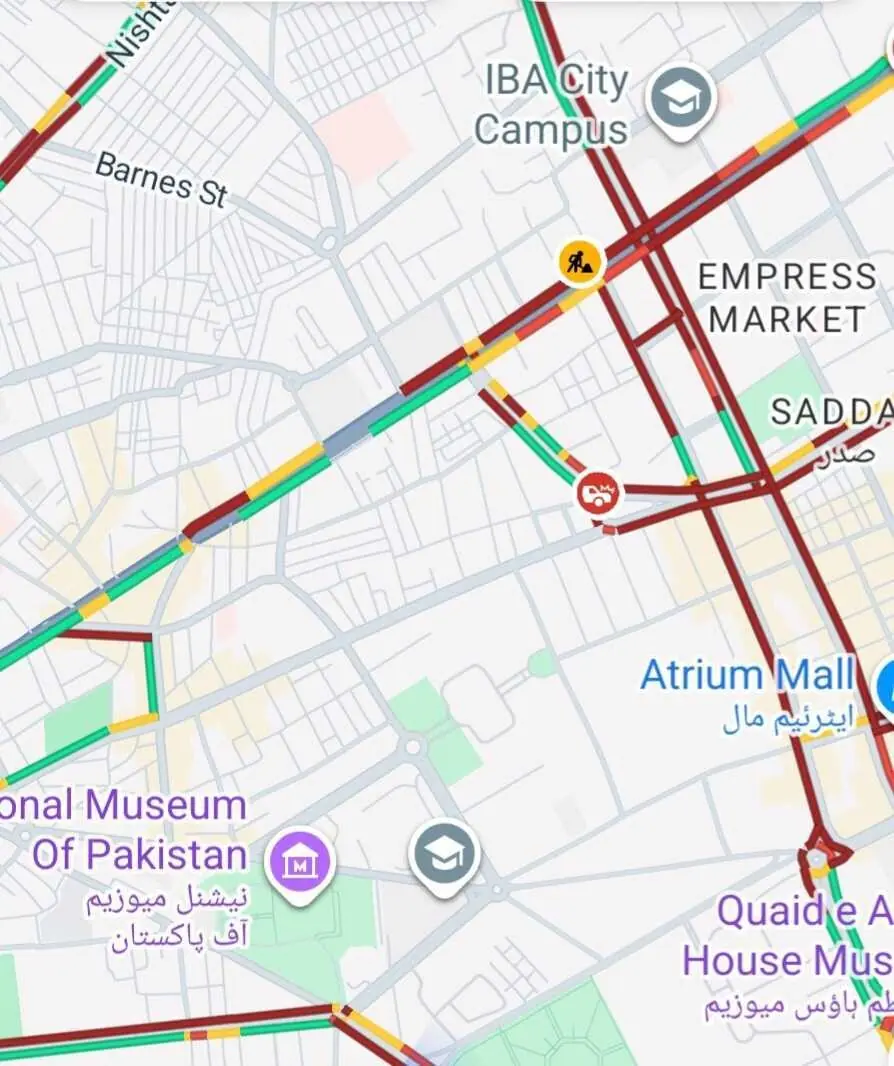  A screenshot showing closed roads in Karachi&rsquo;s Saddar Town area. &mdash; Screengrab from Google Maps 