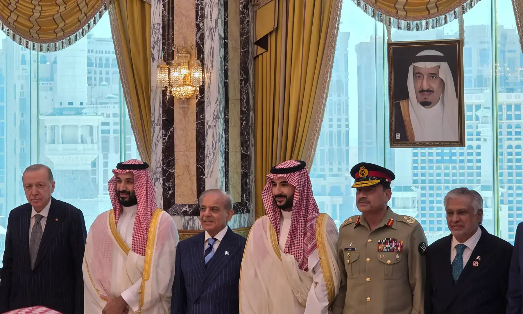 (From L to R) Türkiye’s President Recep Tayyip Erdogan, Saudi Crown Prince, Prime Minister Shehbaz Sharif, CDF Field Marshal Asim Munir, and DPM Ishaq Dar stand at the signing of the Makkah Joint Defence Agreement, in Makkah on Aug 7, 2026. — X/TararAttaullah (From L to R) Türkiye’s President Recep Tayyip Erdogan, Saudi Crown Prince, Prime Minister Shehbaz Sharif, CDF Field Marshal Asim Munir, and DPM Ishaq Dar stand at the signing of the Makkah Joint Defence Agreement, in Makkah on Aug 7, 2026. — X/TararAttaullah