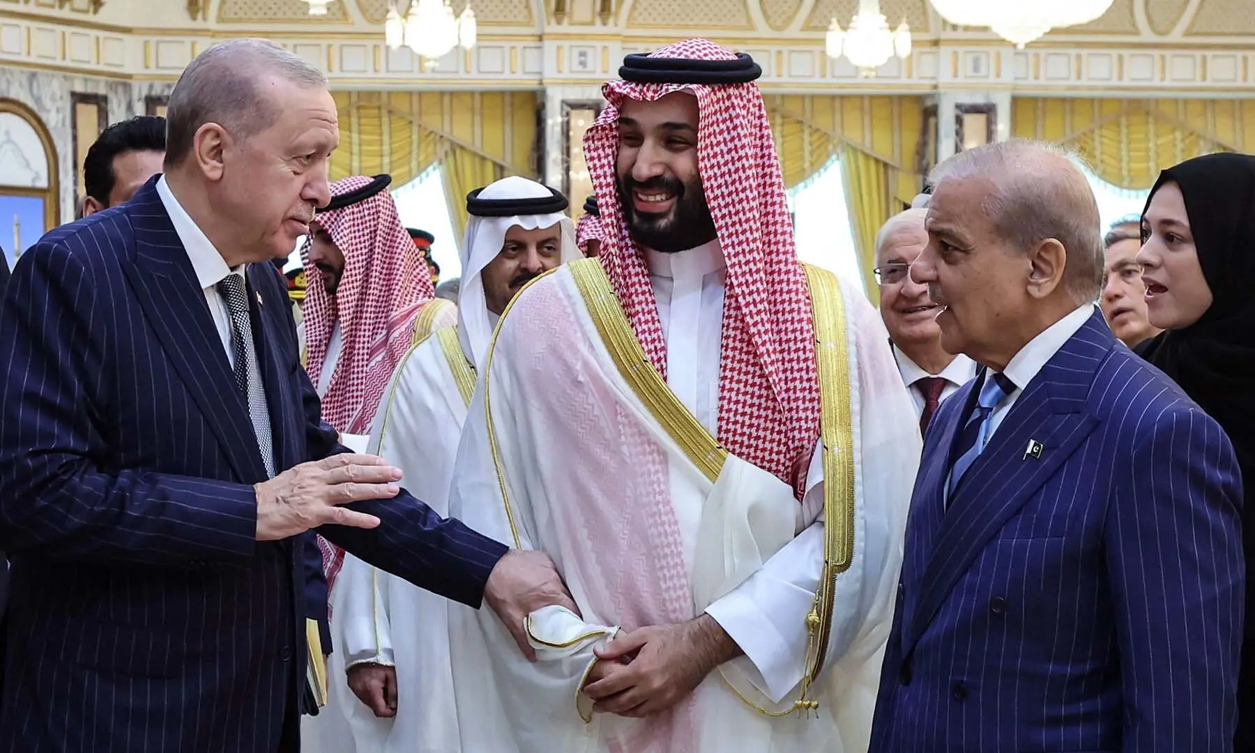 This handout photograph, taken and released by the Turkish Presidency press office on August 7, 2026, shows Turkiye's President Recep Tayyip Erdogan (L), Saudi Arabia's Crown Prince Mohammed bin Salman (C) and Prime Minister Shehbaz Sharif meeting in Makkah. Saudi Arabia. — AFP This handout photograph, taken and released by the Turkish Presidency press office on August 7, 2026, shows Turkiye's President Recep Tayyip Erdogan (L), Saudi Arabia's Crown Prince Mohammed bin Salman (C) and Prime Minister Shehbaz Sharif meeting in Makkah. Saudi Arabia. — AFP