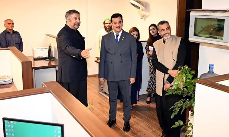 Senate Chairman Syed Yousuf Raza Gilani is briefed about newly constructed and renovated Senate offices at Parliament House in Islamabad on Friday. — INP Senate Chairman Syed Yousuf Raza Gilani is briefed about newly constructed and renovated Senate offices at Parliament House in Islamabad on Friday. — INP