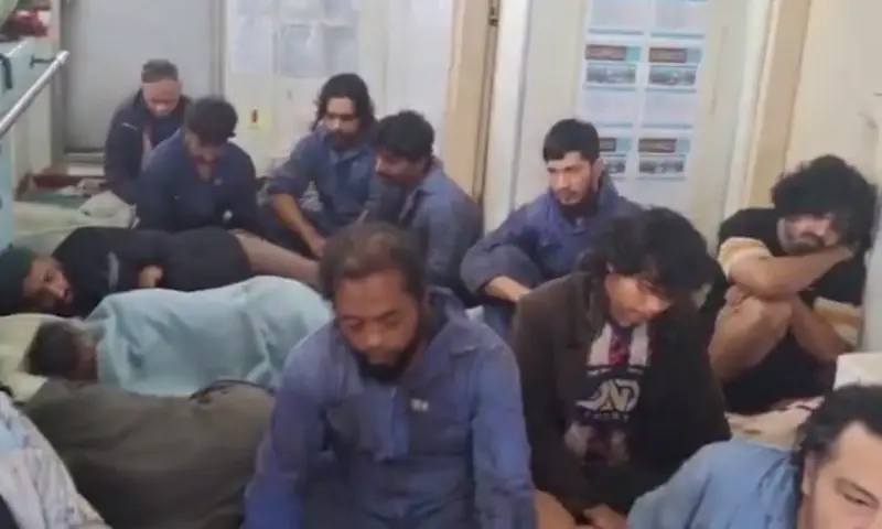 Sick and emaciated hostages are seen aboard the MT Honour 25 in a video message from Aug 8. — screengrab from video via author Sick and emaciated hostages are seen aboard the MT Honour 25 in a video message from Aug 8. — screengrab from video via author