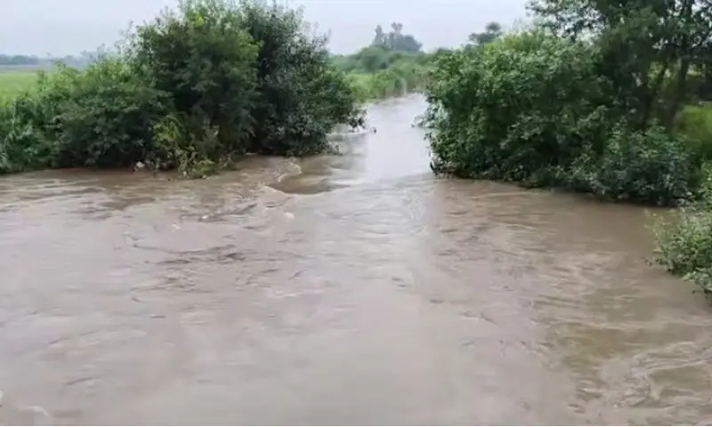 NAROWAL: Water gushing out of swollen Aik nullah. &mdash; Dawn