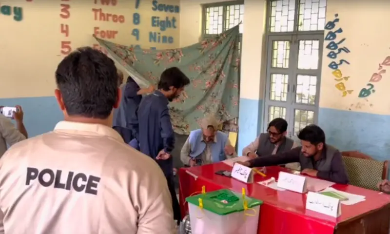 Men cast their vote at a polling station in AJK's Poonch Division on Aug 10, 2026. &mdash; screengrab from video via Tariq Naqash