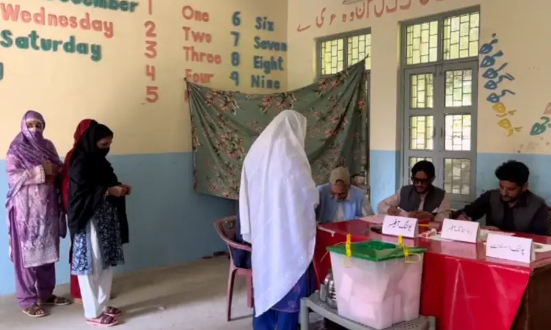 Women cast their vote at a polling station in AJK's Poonch Division on Aug 10, 2026. &mdash; screengrab from video via Tariq Naqash