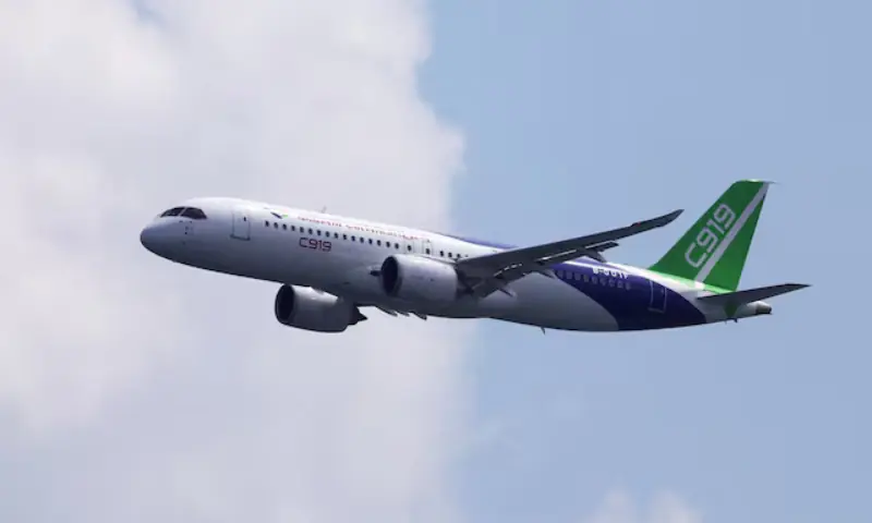 A Comac C919 flies past during an aerial flying display ahead of the Singapore Airshow at Changi Exhibition Centre in Singapore on February 18, 2024. — Reuters/File A Comac C919 flies past during an aerial flying display ahead of the Singapore Airshow at Changi Exhibition Centre in Singapore on February 18, 2024. — Reuters/File