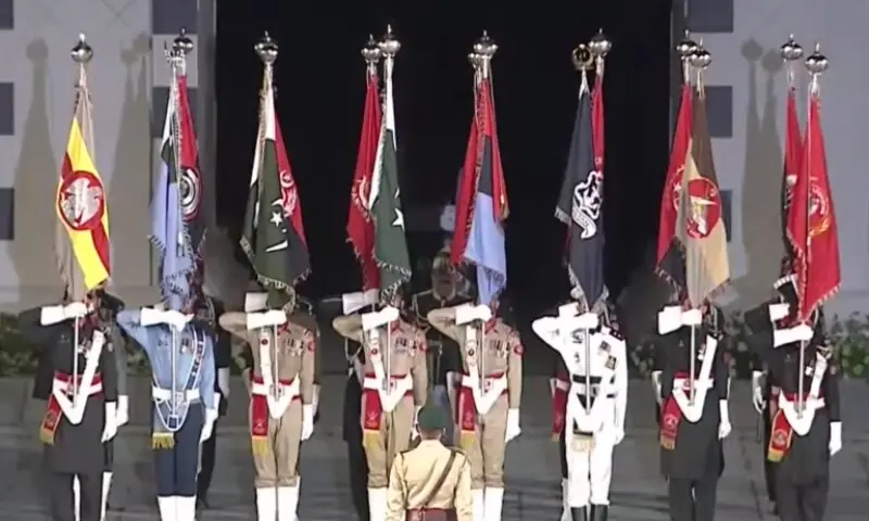 Personnel from the military, paramilitary forces and police present their standards during the inauguration ceremony of the Yadgar-i-Fatah monument in Islamabad on August 13, 2026. — Screengrab via YouTube/ISPR Official