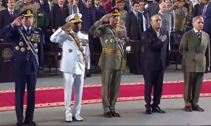 (From L-R) Chief of Air Staff Air Marshal Zaheer Ahmad Babar Sidhu, Chief of Naval Staff Admiral Naveed Ashraf, Chief of Defence Forces and Chief of Army Staff Field Marshal Asim Munir, President Asif Ali Zardari and Prime Minister Shehbaz Sharif attend the inauguration ceremony of the Yadgar-i-Fatah monument in Islamabad on August 13, 2026. — Screengrab via YouTube/ISPR Official