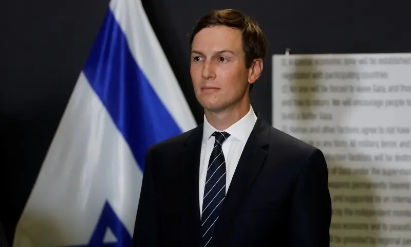 Jared Kushner listens as US Vice President JD Vance (not pictured) speaks to members of the media in Kiryat Gat, Israel, October 21, 2025. &mdash; Reuters