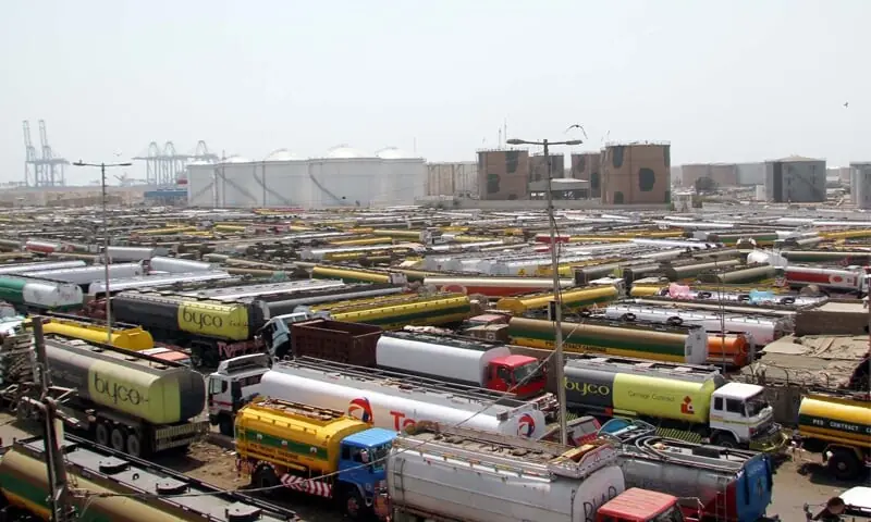 In this file photo from May 2017, oil tankers are parked at the Shireen Jinnah Colony terminal in Karachi during a strike called by goods transporters.—PPI/File In this file photo from May 2017, oil tankers are parked at the Shireen Jinnah Colony terminal in Karachi during a strike called by goods transporters.—PPI/File