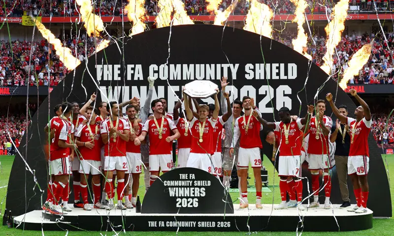 Arsenal captain Martin Odegaard and team-mates celebrate with the FA Community Shield trophy after beating Manchester City at the Principality Stadium on Sunday.—Reuters Arsenal captain Martin Odegaard and team-mates celebrate with the FA Community Shield trophy after beating Manchester City at the Principality Stadium on Sunday.—Reuters