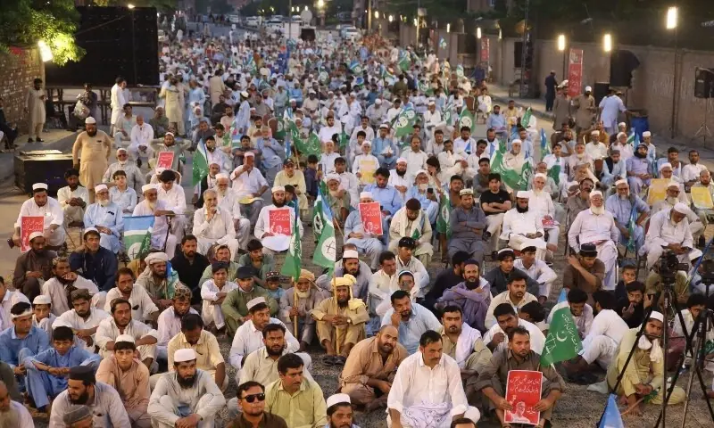Jamat-i-Islami workers and leaders attend a sit-in outside Peshawar Governor House on August 17, 2026. — @JIPOfficial/X Jamat-i-Islami workers and leaders attend a sit-in outside Peshawar Governor House on August 17, 2026. — @JIPOfficial/X