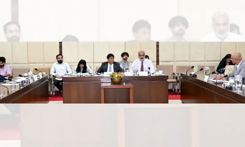 Senator Barrister Zamir Hussain Ghumro chairs a session of the Senate Subcommittee on Devolution at Parliament House on August 17, 2026. &mdash; photo courtesy Senate website