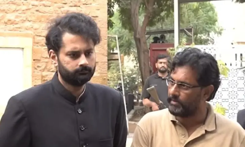 Mir Raza's father Mir Hussain and Advocate Jibran Nasir speak to press on August 11, 2026. &mdash;Screengrab via Dawn News