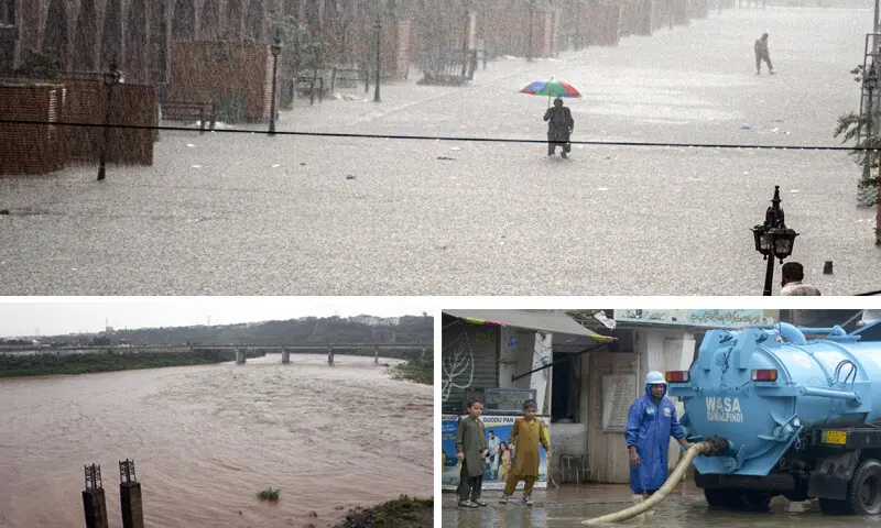 (Clockwise from top) Model Raja Bazaar is seen flooded with rainwater; a Wasa worker drains water from a street in Dhoke Khabba; and a view of the swollen Soan River following heavy rain in Rawalpindi on Wednesday. &mdash; Photos by Tanveer Shahzad, Mohammad Asim & INP