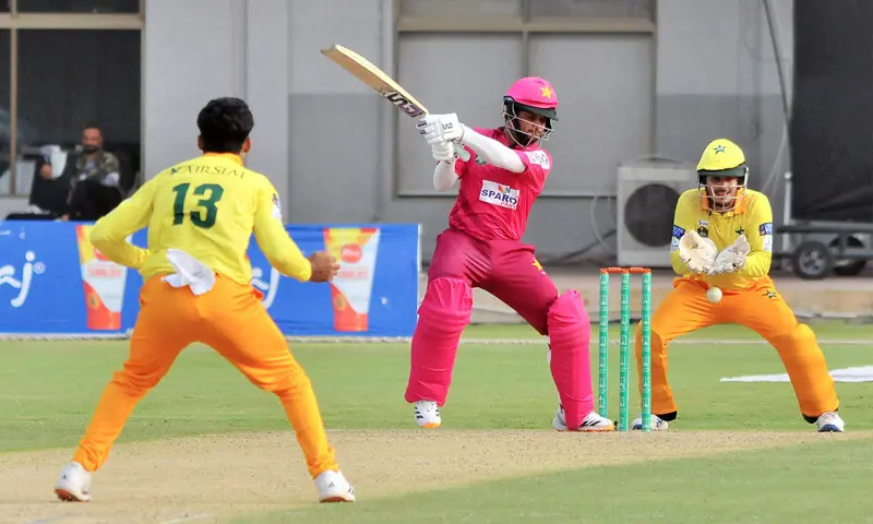 PAKISTAN Gold batter Saad Khan plays a shot during the National Champions Cup final against Pakistan Greens at the Multan Cricket Stadium.—APP PAKISTAN Gold batter Saad Khan plays a shot during the National Champions Cup final against Pakistan Greens at the Multan Cricket Stadium.—APP