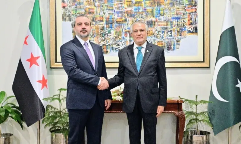 Syrian Foreign Minister Asaad Hassan al-Shaibani and Deputy Prime Minister and Foreign Minister Ishaq Dar at the Ministry of Foreign Affairs on August 20, 2026. &mdash; Photo courtesy @ForeignOfficePk/X