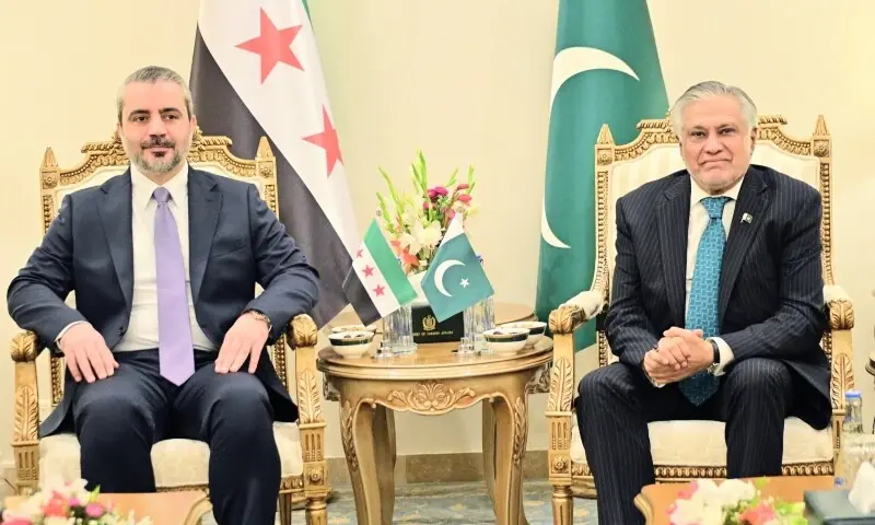 Syrian Foreign Minister Asaad Hassan al-Shaibani and Deputy Prime Minister and Foreign Minister Ishaq Dar at the Ministry of Foreign Affairs on August 20, 2026. &mdash; Photo courtesy @ForeignOfficePk/X