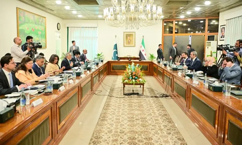 Syrian Foreign Minister Asaad Hassan al-Shaibani and Deputy Prime Minister and Foreign Minister Ishaq Dar hold delegation-level talks on August 20. &mdash;Photo courtesy @ForeignOfficePk/X