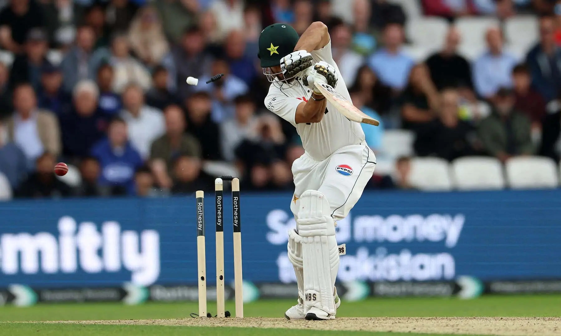 Bails fly as Pakistan's Salman Ali Agha loses his wicket off the bowling of England's Josh Tongue on the opening day of the first Test match between England and Pakistan at Headingley cricket ground in Leeds, northern England on August 19, 2026. — AFP Bails fly as Pakistan's Salman Ali Agha loses his wicket off the bowling of England's Josh Tongue on the opening day of the first Test match between England and Pakistan at Headingley cricket ground in Leeds, northern England on August 19, 2026. — AFP