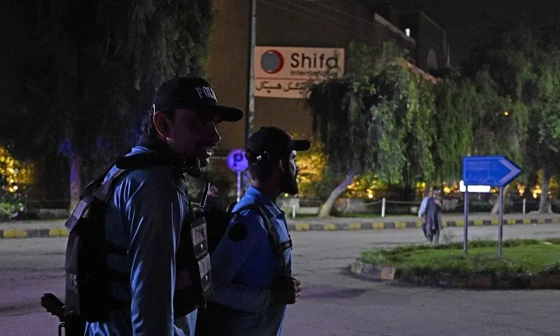 Security personnel cordon off a street outside the Shifa International Hospital in Islamabad on August 20, 2026. &mdash; AFP