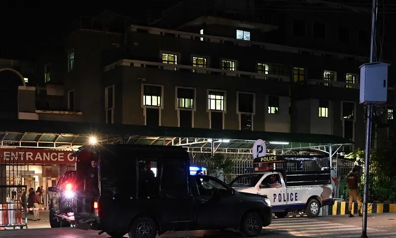 Security personnel cordon off a street outside the Shifa International Hospital in Islamabad on August 20, 2026. &mdash; AFP