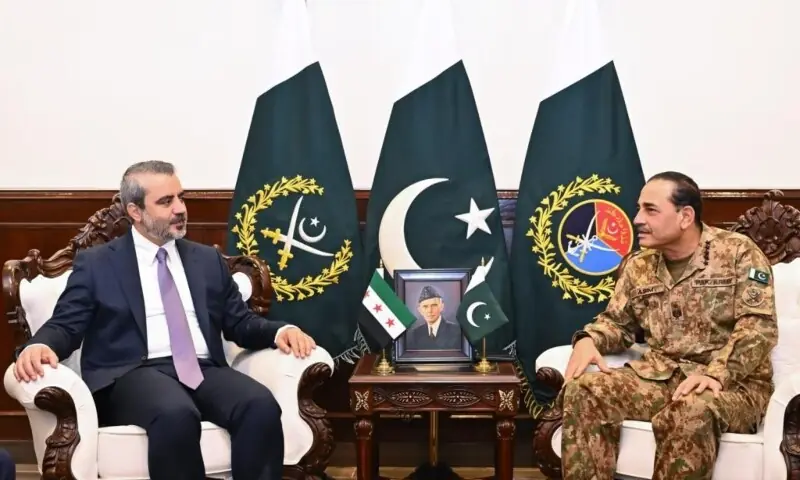 Chief of Defence Forces and Chief of Army Staff Field Marshal Asim Munir meets Syrian Foreign Minister Asaad Hassan Al-Shaibani at General Headquarters (GHQ) in Rawalpindi. —ISPR Chief of Defence Forces and Chief of Army Staff Field Marshal Asim Munir meets Syrian Foreign Minister Asaad Hassan Al-Shaibani at General Headquarters (GHQ) in Rawalpindi. —ISPR