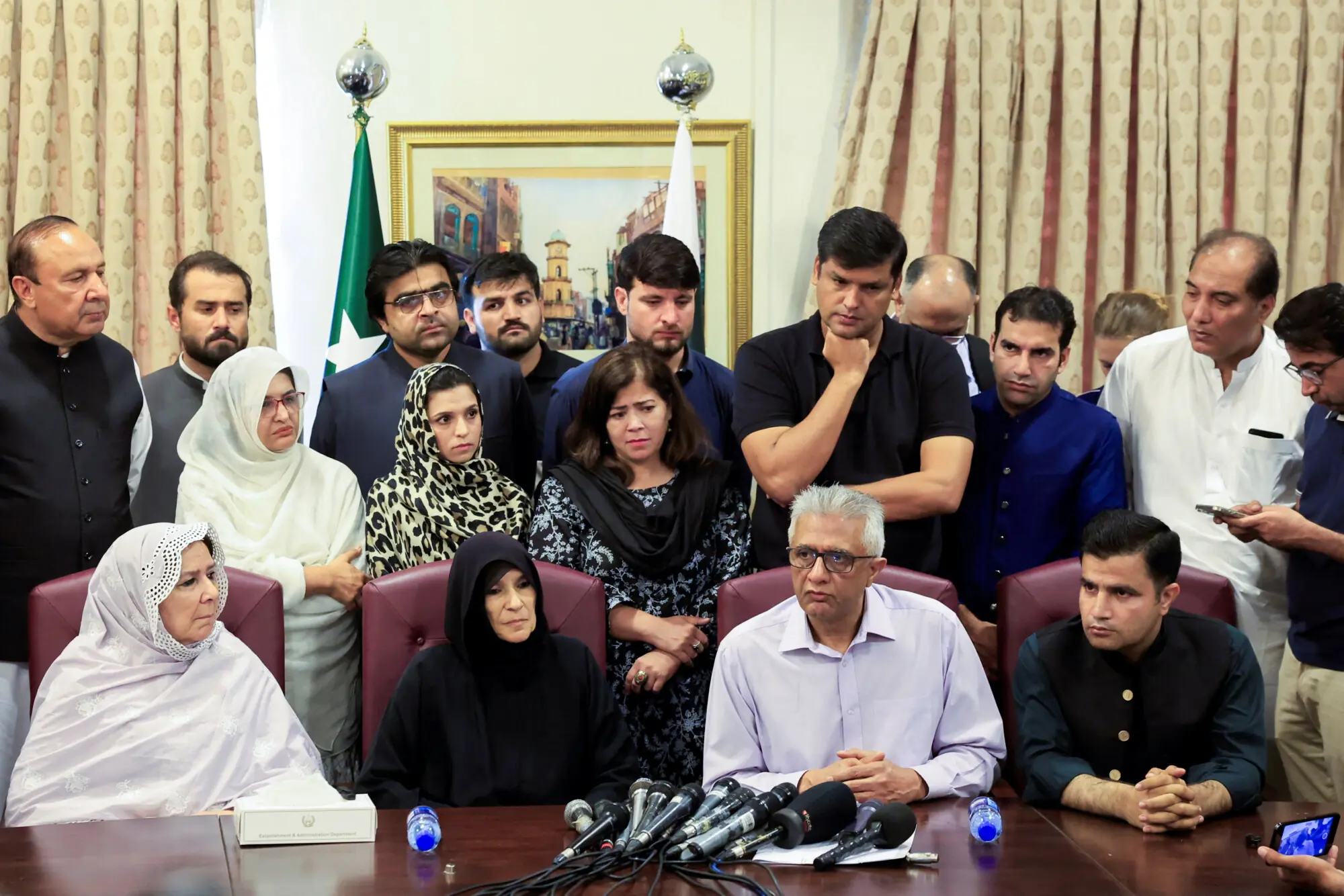 Faisal Sultan, personal physician along with sisters of jailed former prime minister Imran Khan addresses a press conference, in Islamabad on August 21, 2026. &mdash; Reuters